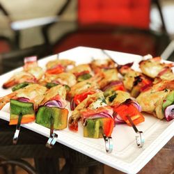 High angle view of  shrimp and vegetable skewer