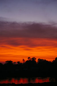 Silhouette of trees by river at sunset