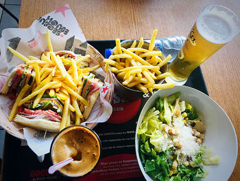 High angle view of meal served on table