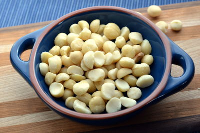 High angle view of eggs in bowl on table