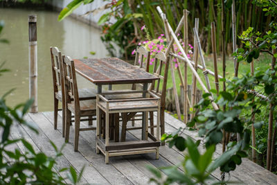 Empty bench and table in park