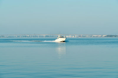 Yacht sailing in the aveiro estuary overlooking the portuguese city in the background