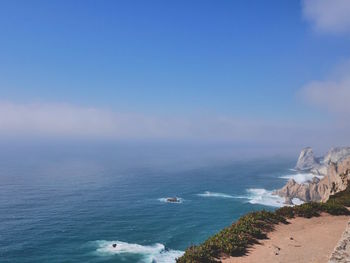 Scenic view of sea against clear blue sky