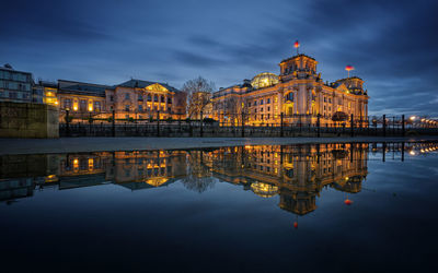 Reflection of illuminated reichstag in water