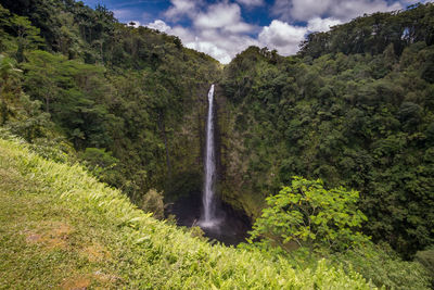 Scenic view of waterfall against sky