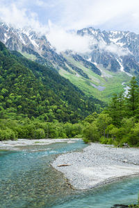 A river flowing from the mountain with snowy mountains in the background.