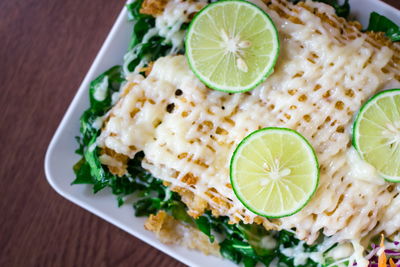 High angle view of food served in plate on table