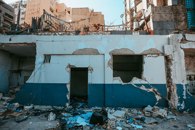 Damaged building exterior at construction site