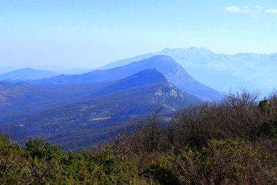 Scenic view of landscape and mountains against sky