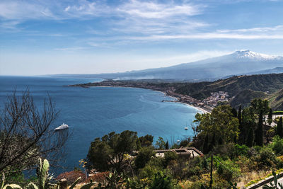 High angle view of bay against sky