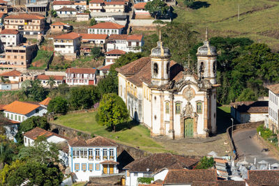 High angle view of buildings in town