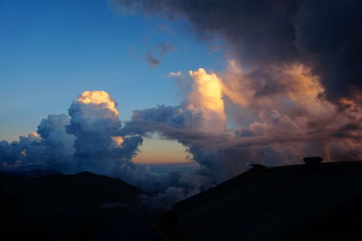 Low angle view of silhouette house against sky during sunset