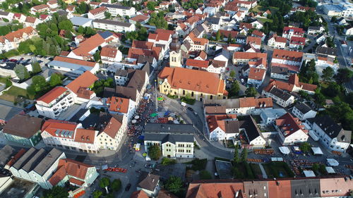 High angle view of houses in town