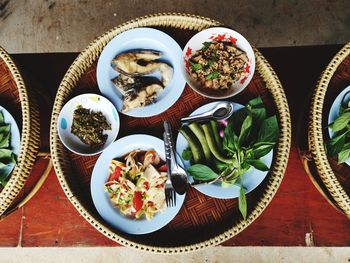 High angle view of meal served on table