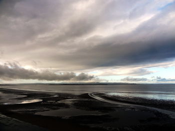 Scenic view of beach against dramatic sky