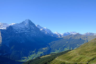 Scenic view of snowcapped mountains against clear blue sky