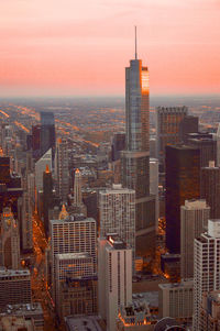 City skyline at sunset