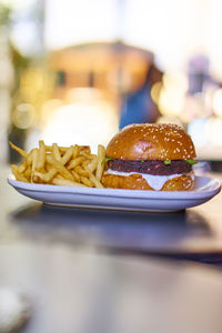 Close-up of food in plate on table