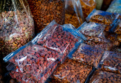 High angle view of seed of fruits for sale at market stall. vegetarian food. nut seed.