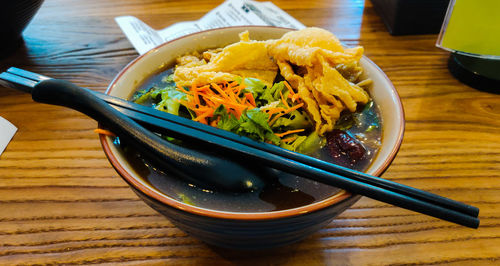 Close-up of food in bowl on table