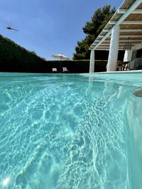 Swimming pool against clear blue sky