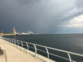 Scenic view of rainbow over sea against sky