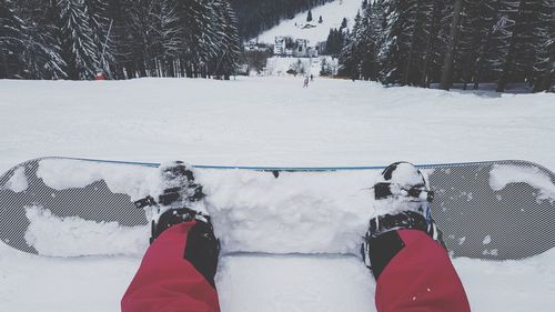 Low section of person on snow covered landscape