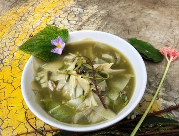 High angle view of soup in bowl