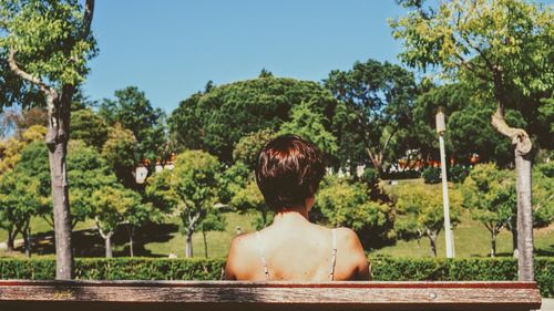 Rear view of shirtless man in swimming pool against sky