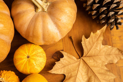 High angle view of pumpkins on autumn leaves