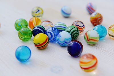 High angle view of multi colored toys on table