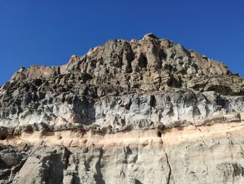 Low angle view of rock formation against clear blue sky