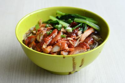 Close-up of honey glazed chicken in bowl on table