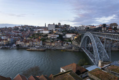 Bridge over river amidst buildings in city against sky