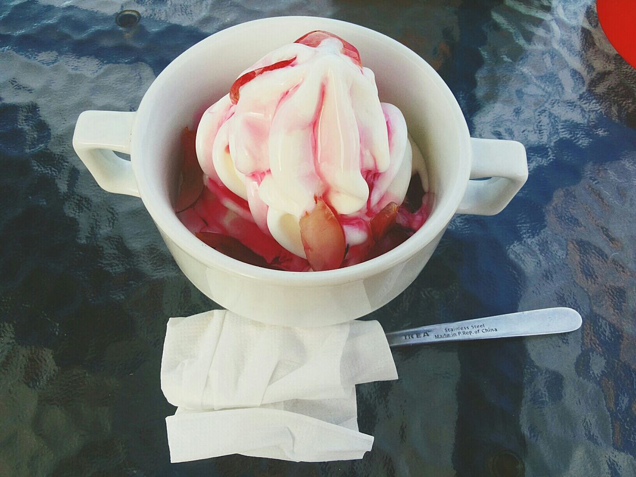 freshness, food and drink, food, high angle view, still life, close-up, sweet food, red, spoon, indoors, flower, table, white color, water, ice cream, frozen food, pink color, dessert, no people, indulgence