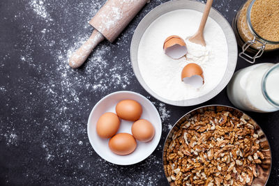 High angle view of breakfast on table