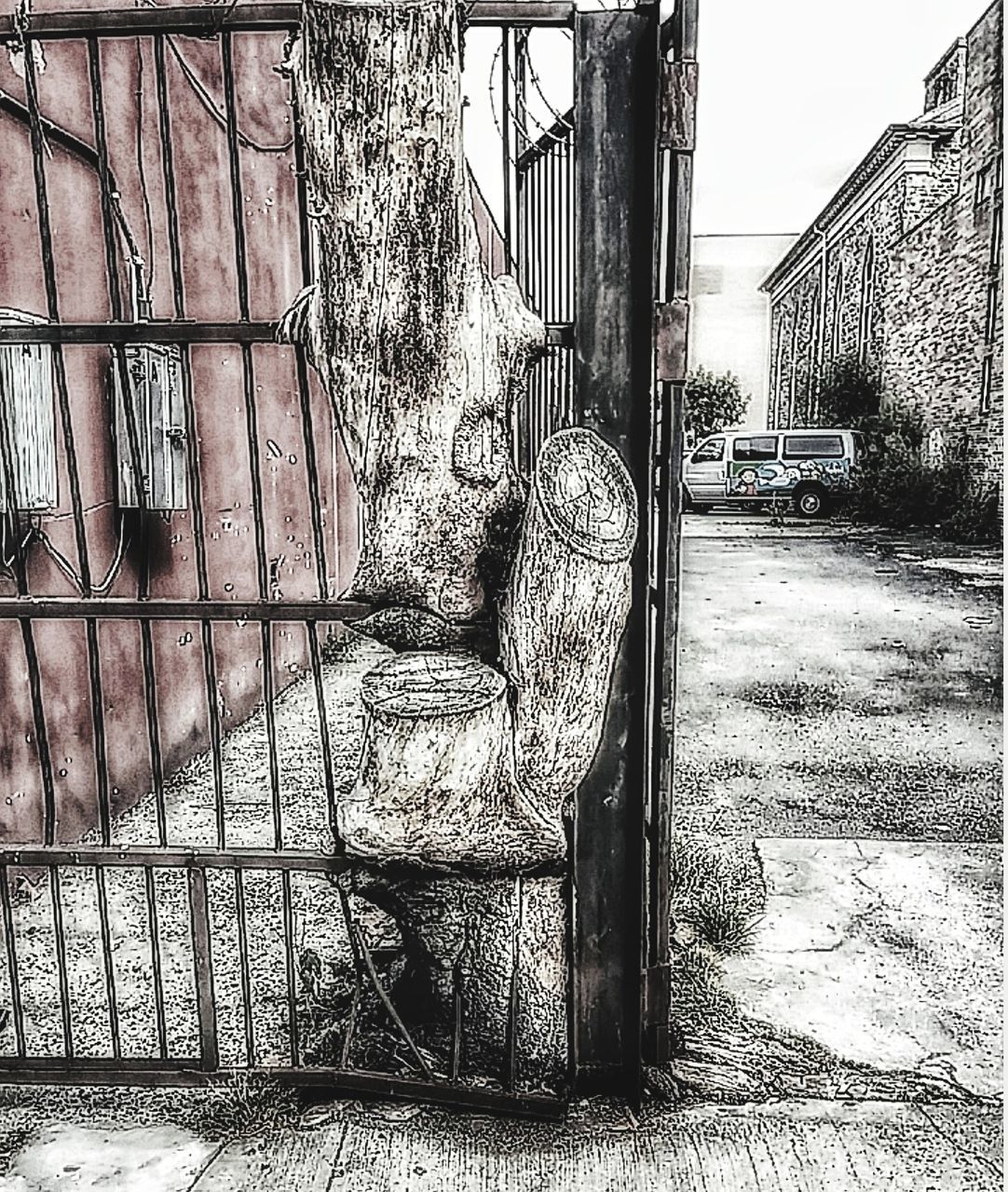 architecture, built structure, day, building exterior, no people, metal, nature, wall - building feature, outdoors, transportation, building, plant, abandoned, mode of transportation, land vehicle, old, obsolete, wall, railing, sunlight