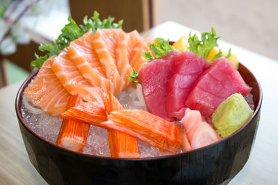 Close-up of sushi served in plate