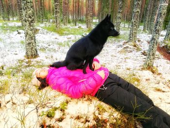 Black dog sitting on grass