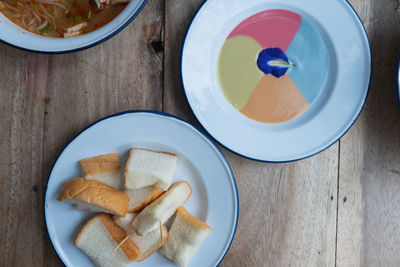 High angle view of breakfast served on table