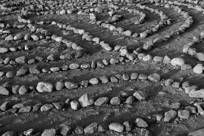 High angle view of carvings on stone wall