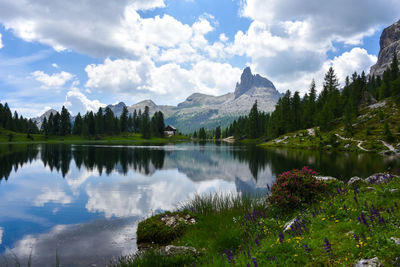 Panoramic view of lake and mountains against sky