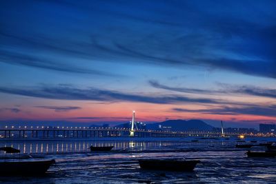 Bridge over sea against cloudy sky during sunset