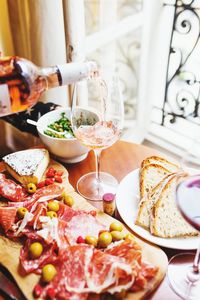 High angle view of breakfast served on table