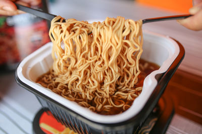 High angle view of noodles in bowl