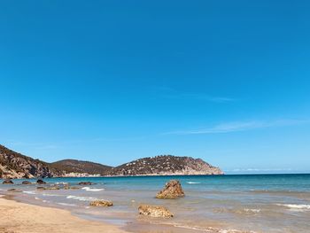 Scenic view of sea against clear blue sky