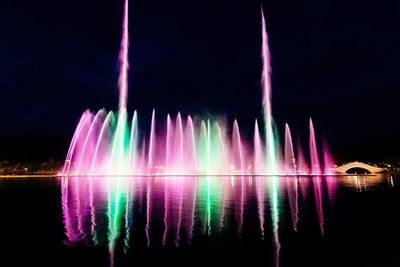 Panoramic shot of illuminated water against sky at night