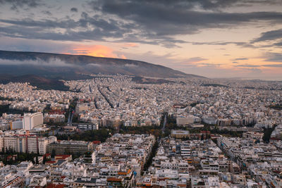 View of city of athens from lycabettus hill at sunset, greece.