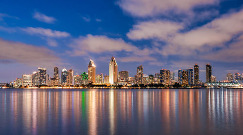 San diego california skyline at night with reflections in water