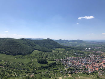 High angle view of buildings against sky